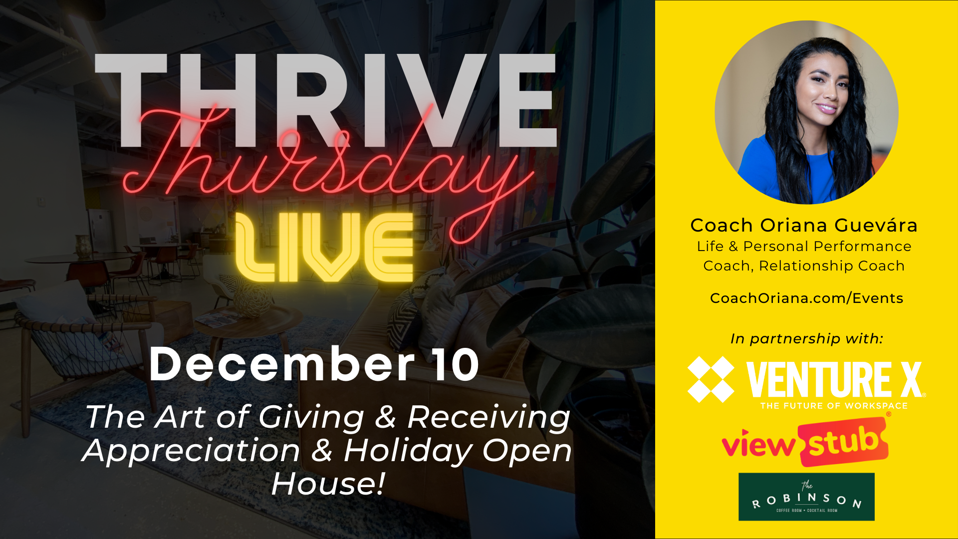 Photo for Thrive Thursday LIVE & Holiday Open House @ Venture X Downtown Orlando on ViewStub